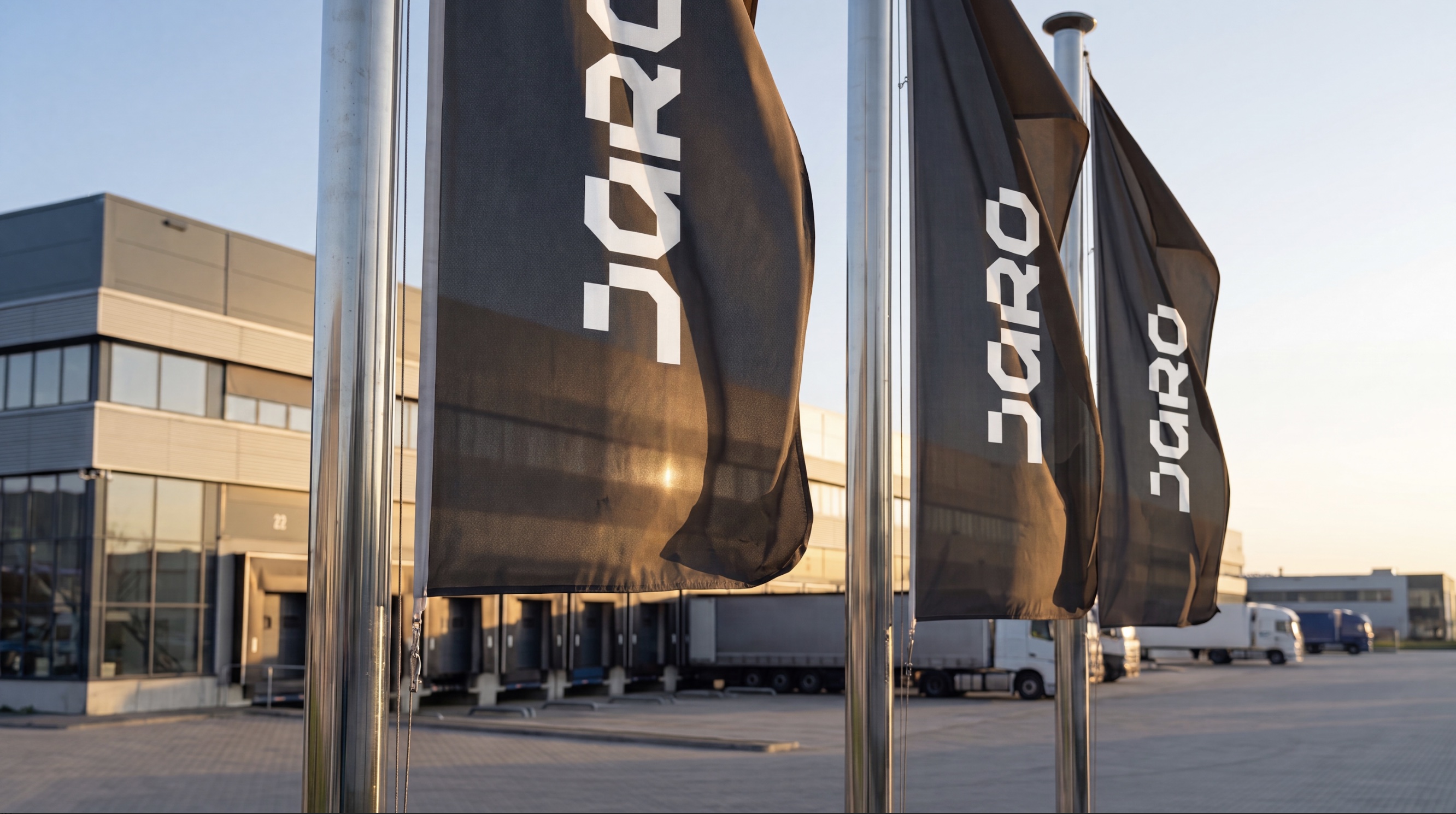 JARO flags in front of our warehouse